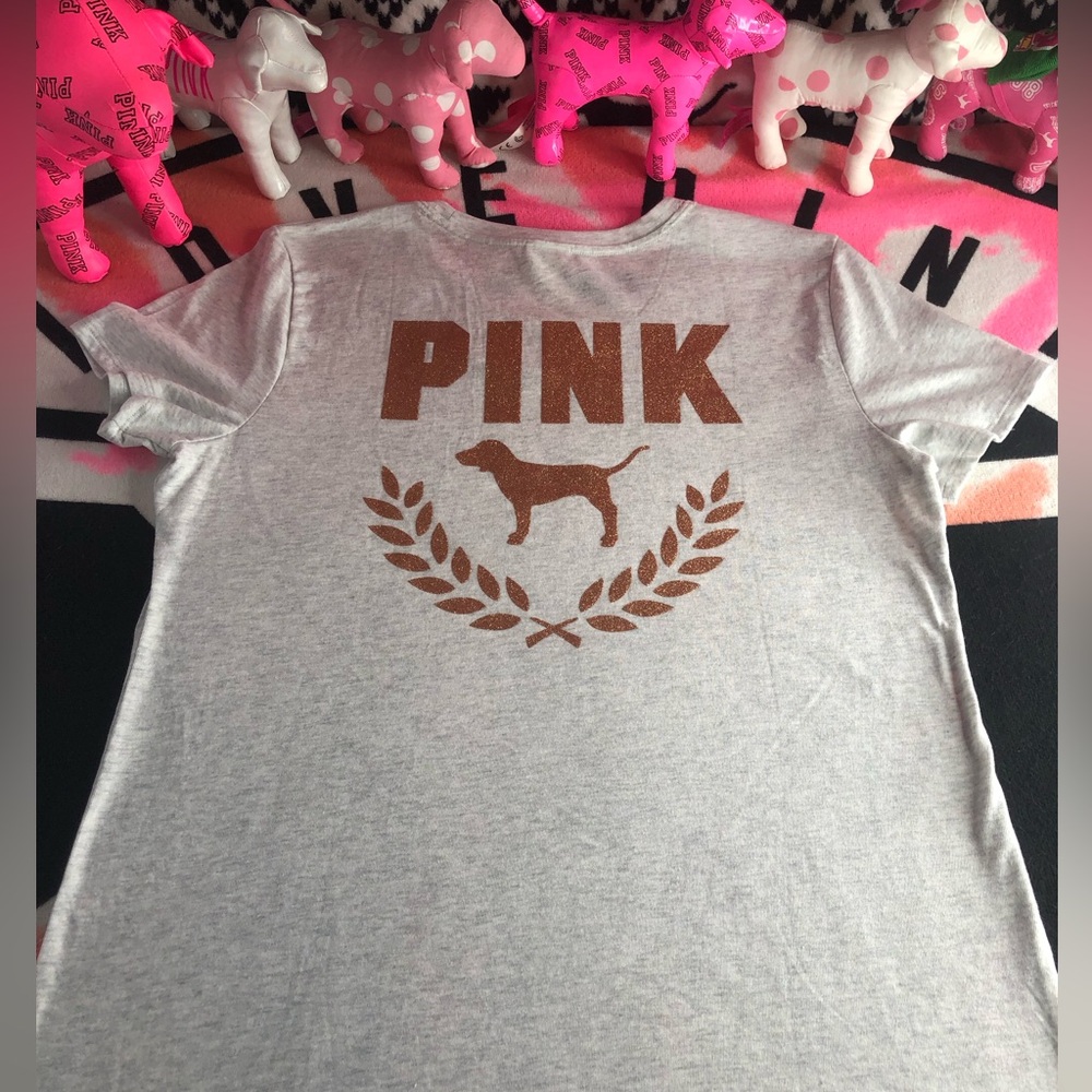 NWT PINK Victoria's Secret Gray Tee with Gold Glitter Dog Design